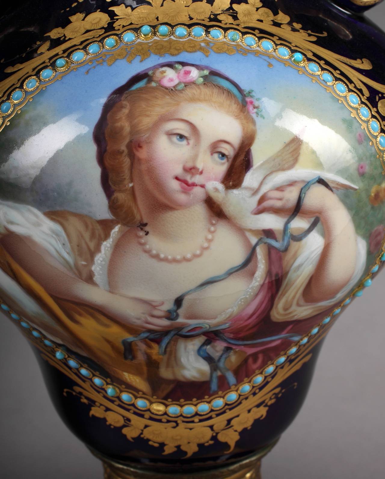 Porcelain Fine Pair of French Hand-Painted Sèvres and Jeweled Portrait Vases For Sale