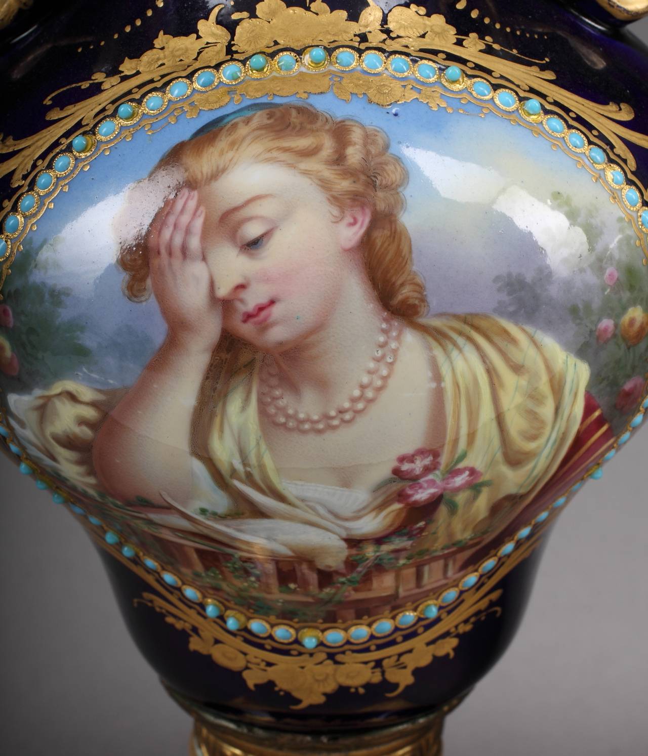 Fine Pair of French Hand-Painted Sèvres and Jeweled Portrait Vases For Sale 1