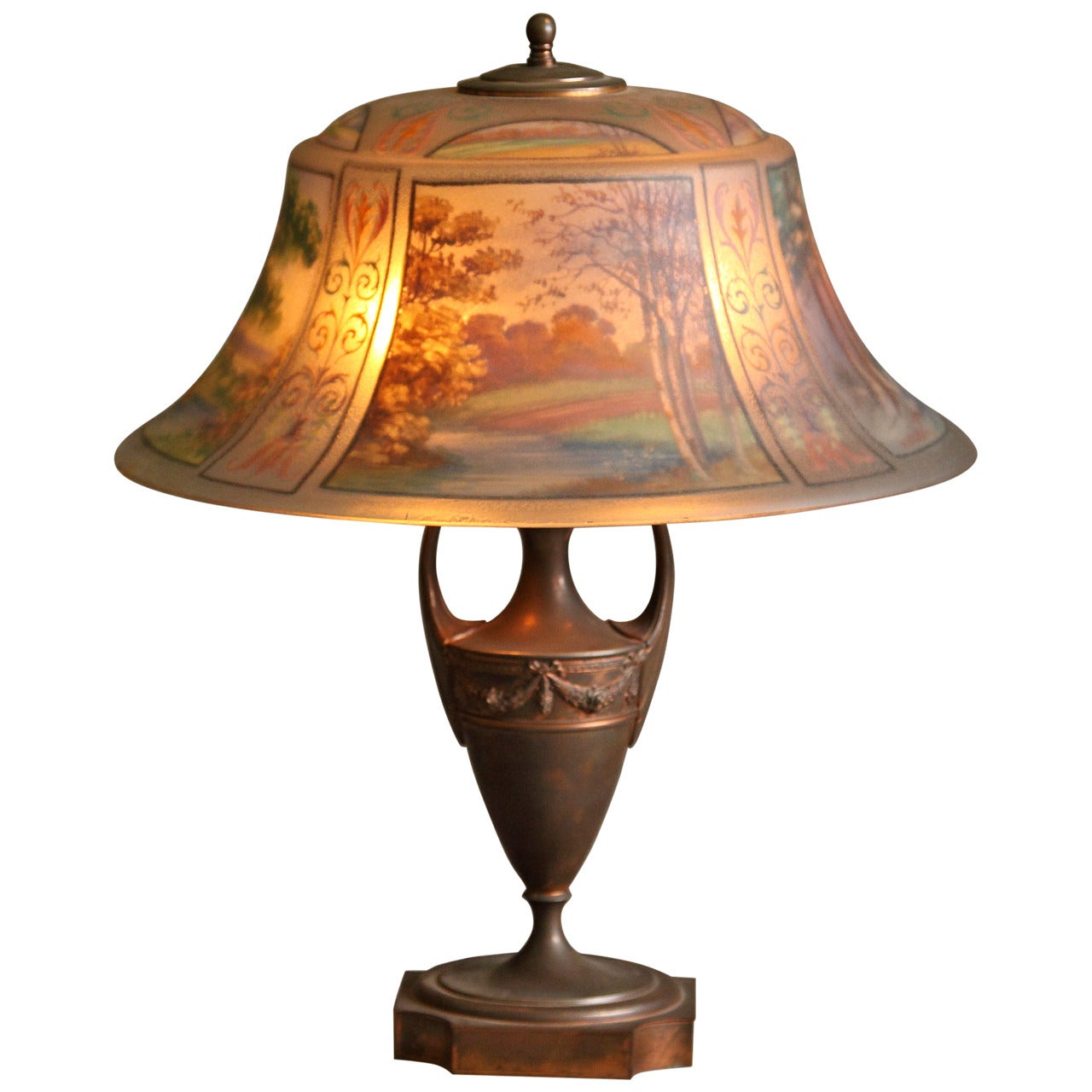 Pairpoint Reverse Painted Art Nouveau Lamp Depicting the Four Seasons