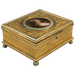 French Antique Ormolu Bronze Jewelry Box with Signed Porcelain Plaque Wagner