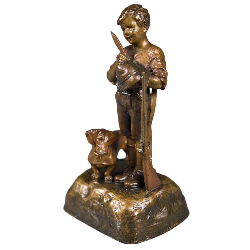 Antique Austrian Bronze Figure of a Boy with His Dog and a Rifle