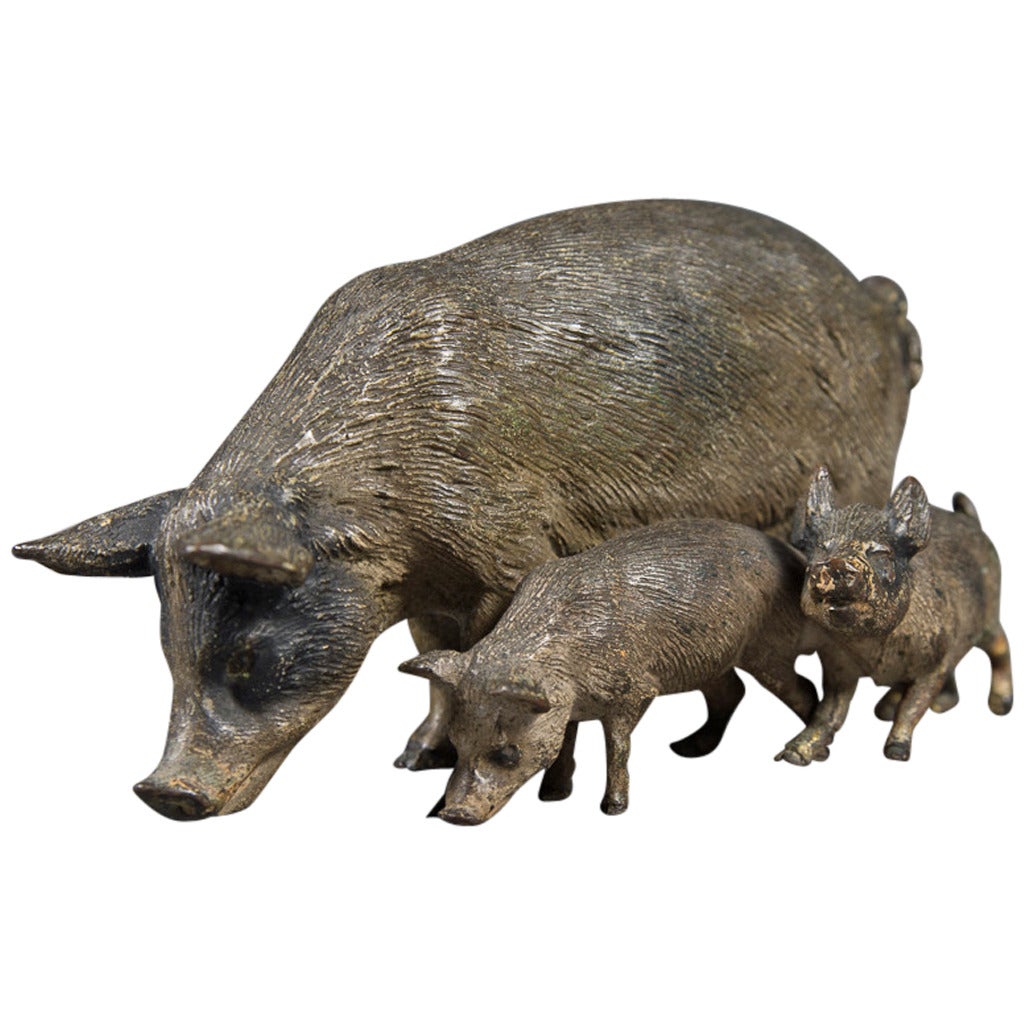 Antique Vienna Bronze Figure of a Pig With Her Children