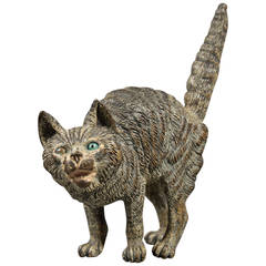 Unusual Antique Vienna Bronze "Terrified Cat" with Her Tail Pointing Up