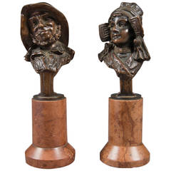 Pair of Mint Antique Vienna Bronze Busts on Marble Bases