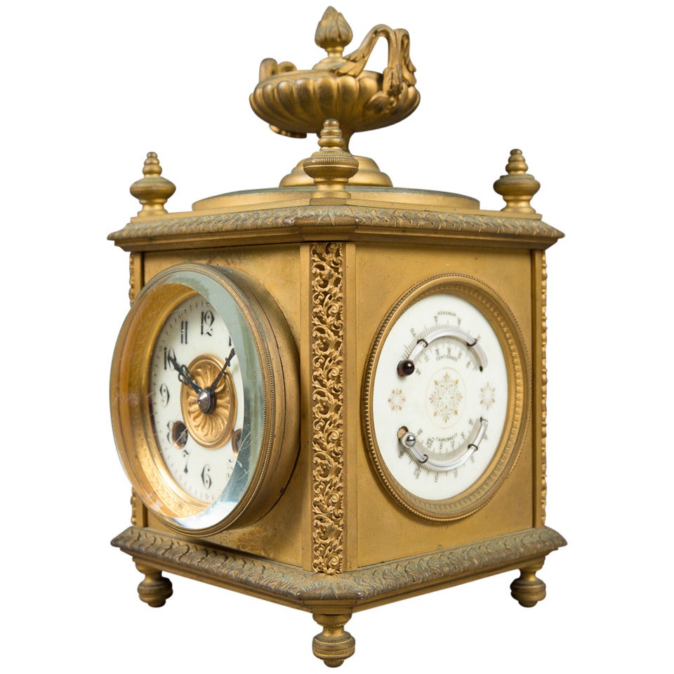 Gilt Bronze Eight-Day, Four-Face Clock with Date, Temperature and Barometer For Sale