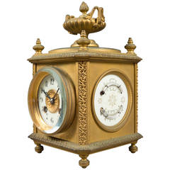 Antique Gilt Bronze Eight-Day, Four-Face Clock with Date, Temperature and Barometer