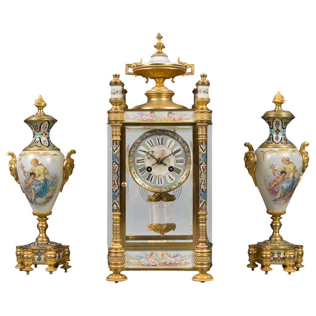 Fine French Champlevé Enameled, Ormolu Bronze and Painted Porcelain Clock Set