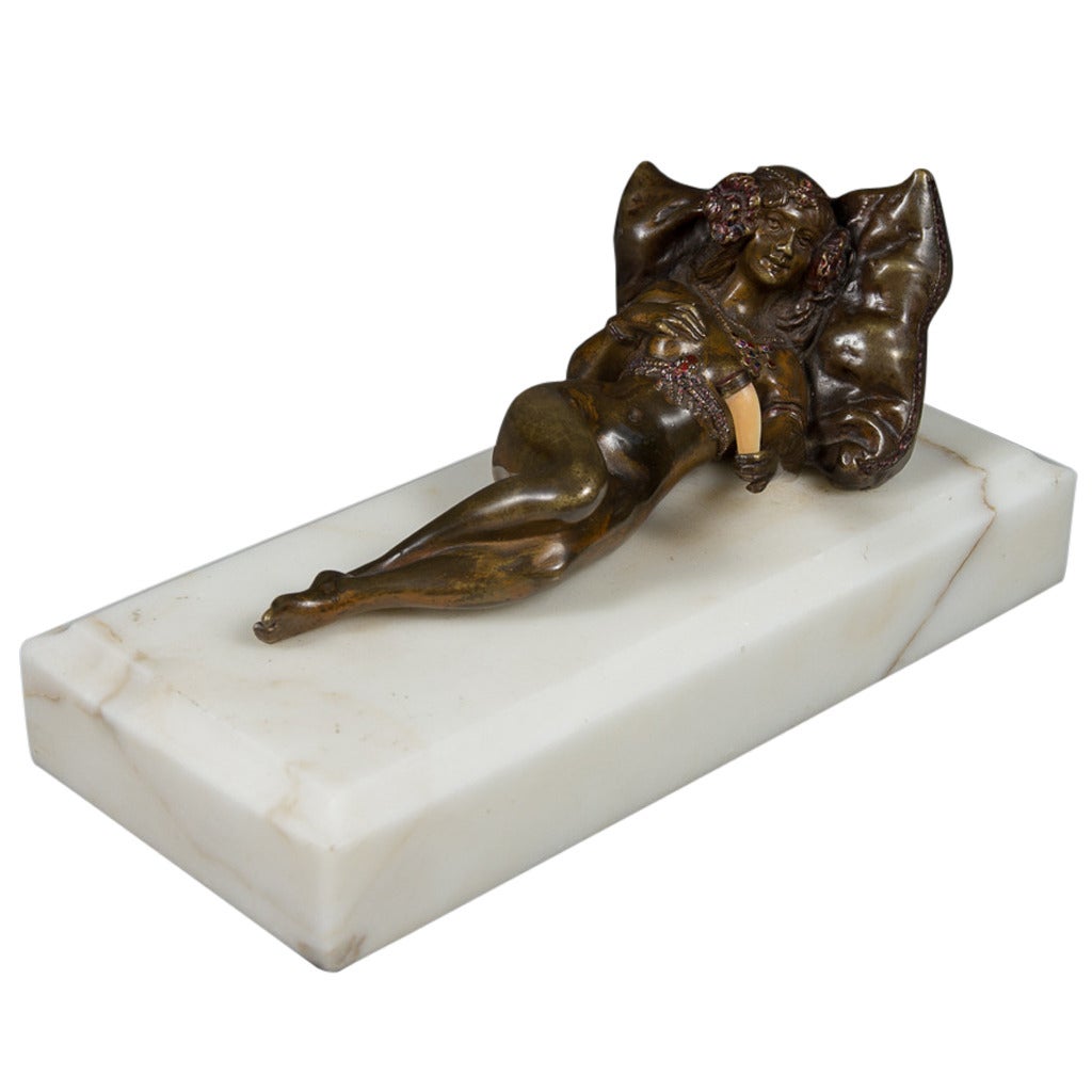 Austrian Bronze Cold Painted Figure of a Nude on a White Marble