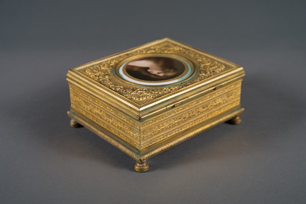 French Antique Ormolu Bronze Jewelry Box with Signed Porcelain Plaque