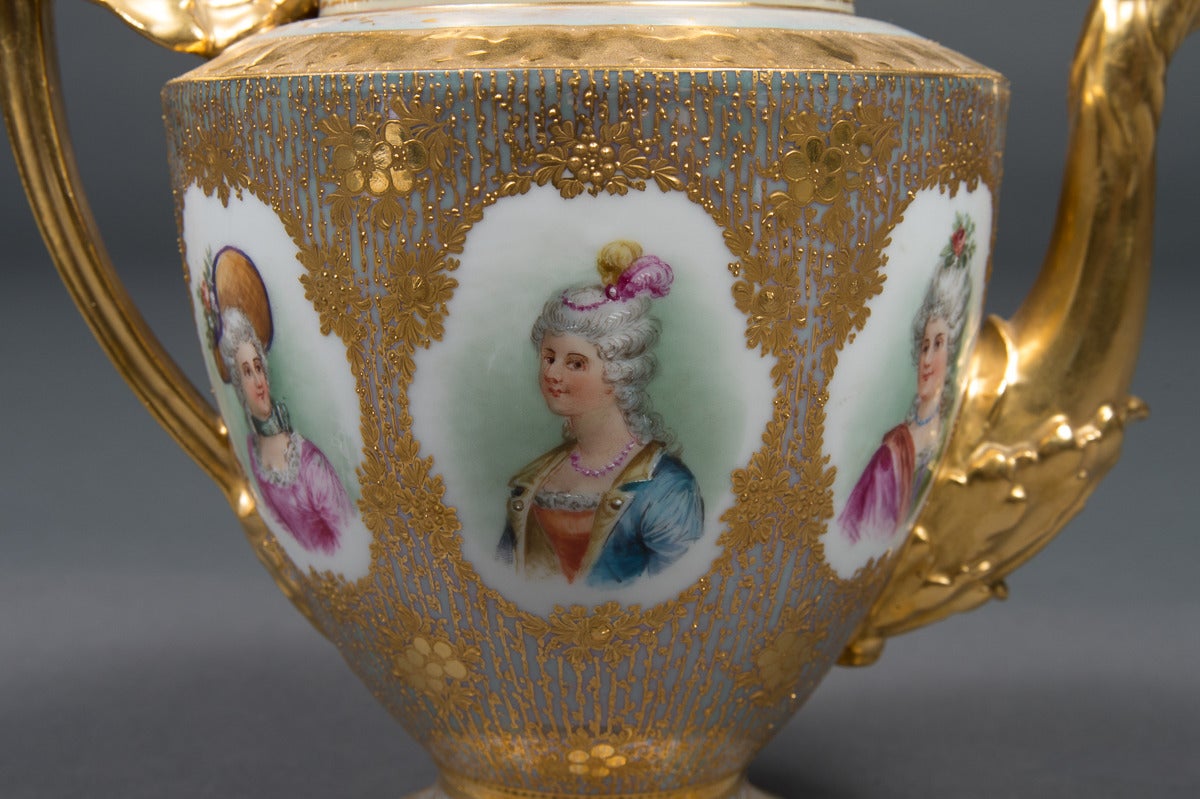 Fine Dresden Porcelain Iridescent and Heavily Gold Decorated Portrait Pitcher 1