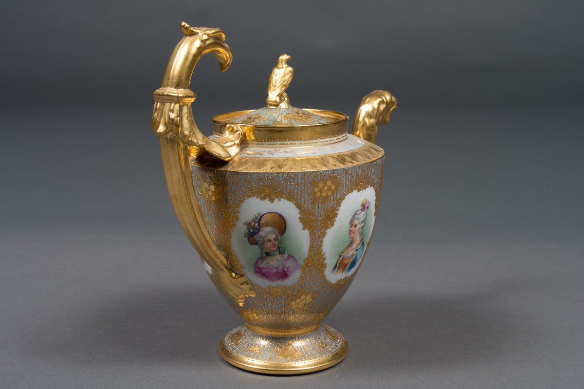 Fine Dresden Porcelain Iridescent and Heavily Gold Decorated Portrait Pitcher In Good Condition In Los Angeles, CA
