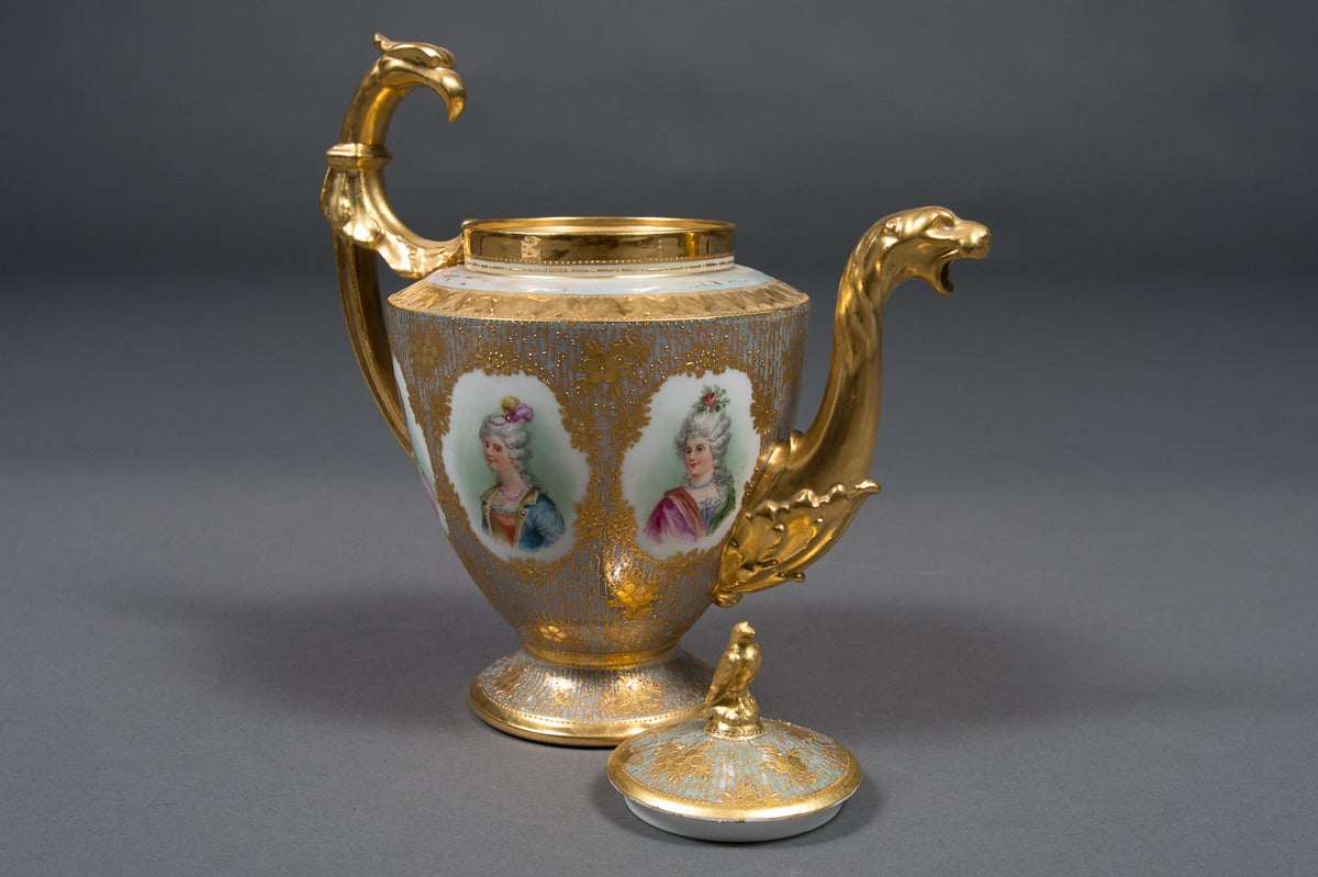 20th Century Fine Dresden Porcelain Iridescent and Heavily Gold Decorated Portrait Pitcher
