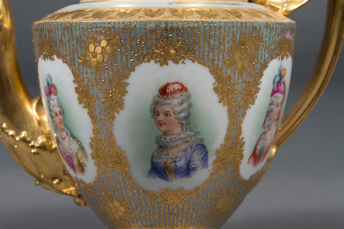 Fine Dresden Porcelain Iridescent and Heavily Gold Decorated Portrait Pitcher 2