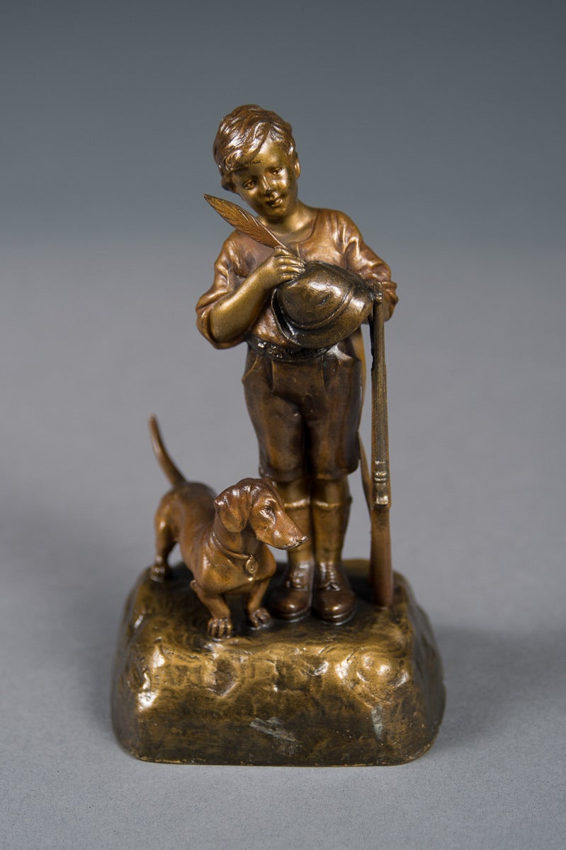 Antique Austrian Bronze Figure of a Boy with His Dog and a Rifle In Excellent Condition In Los Angeles, CA