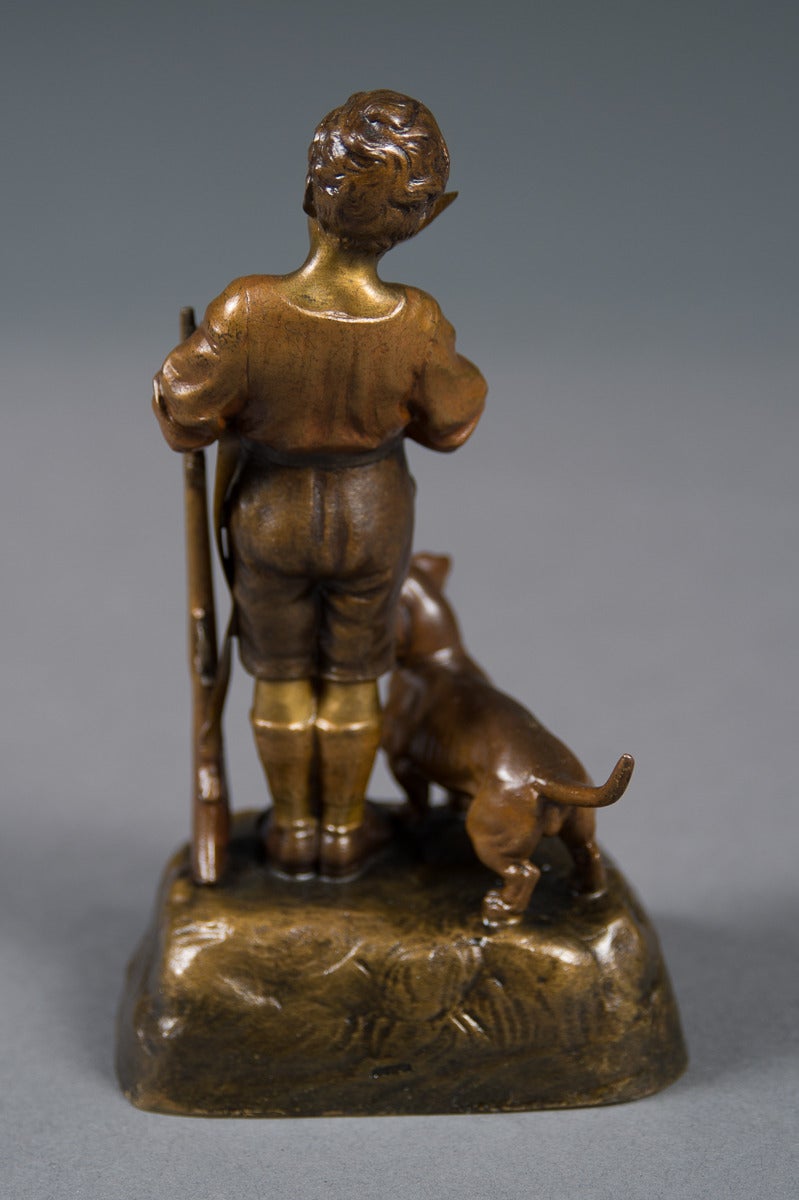 20th Century Antique Austrian Bronze Figure of a Boy with His Dog and a Rifle