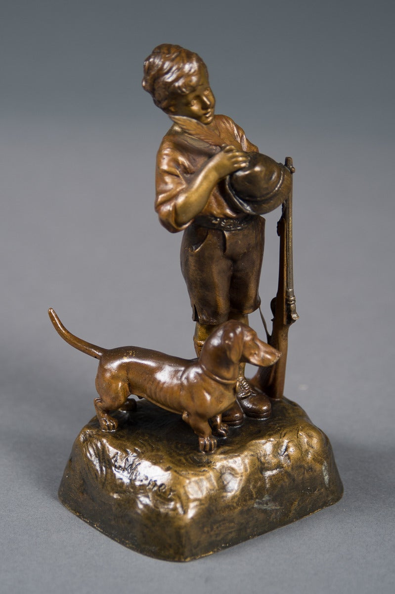 Antique Austrian Bronze Figure of a Boy with His Dog and a Rifle 1
