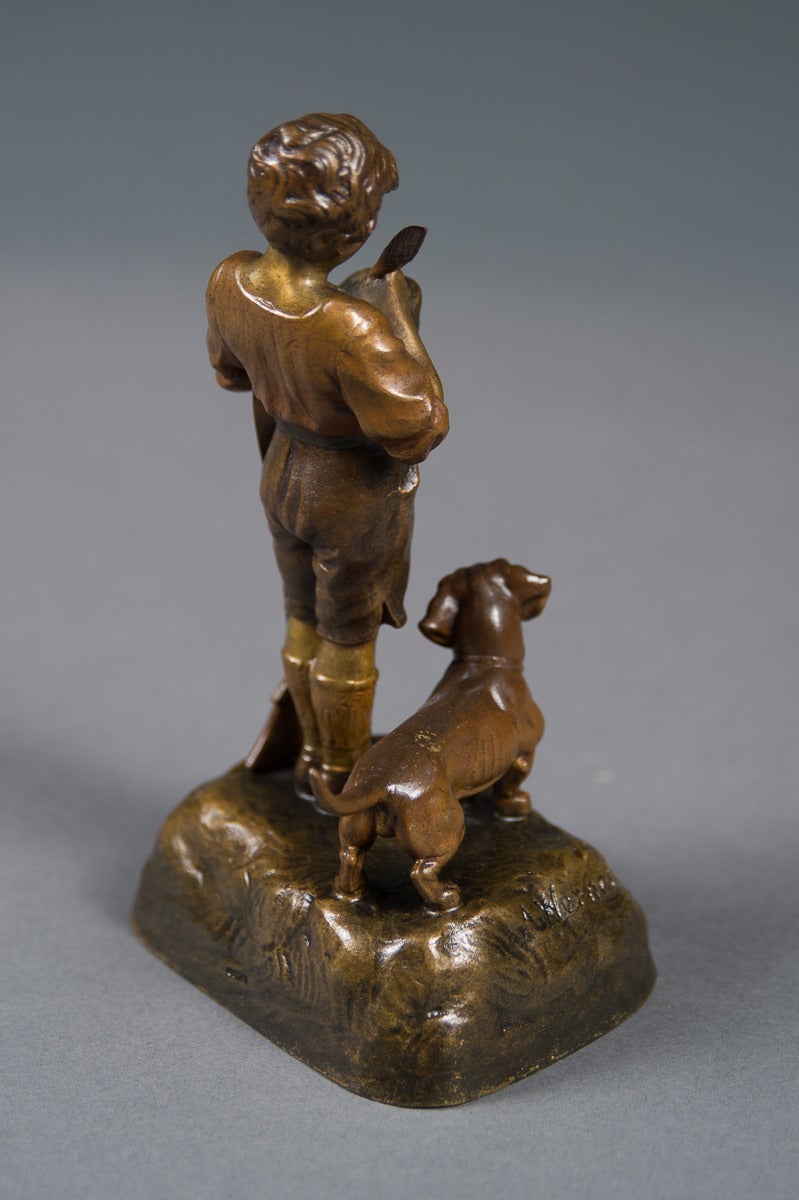 Antique Austrian Bronze Figure of a Boy with His Dog and a Rifle 2