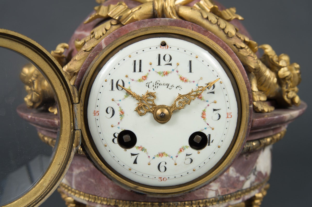 Fine Antique French Tiffany & Co. Marble and Ormolu Bronze Clock Garniture In Excellent Condition For Sale In Los Angeles, CA