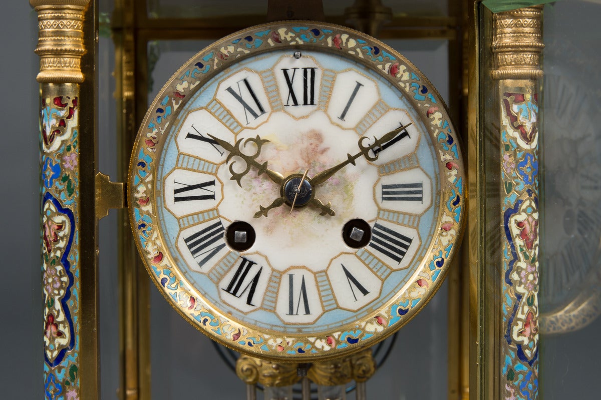 Fine French Champlevé Enameled, Ormolu Bronze and Painted Porcelain Clock Set 2