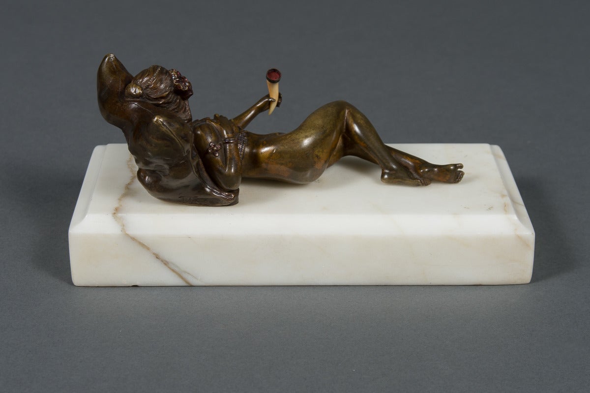 Austrian Bronze Cold Painted Figure of a Nude on a White Marble In Excellent Condition For Sale In Los Angeles, CA