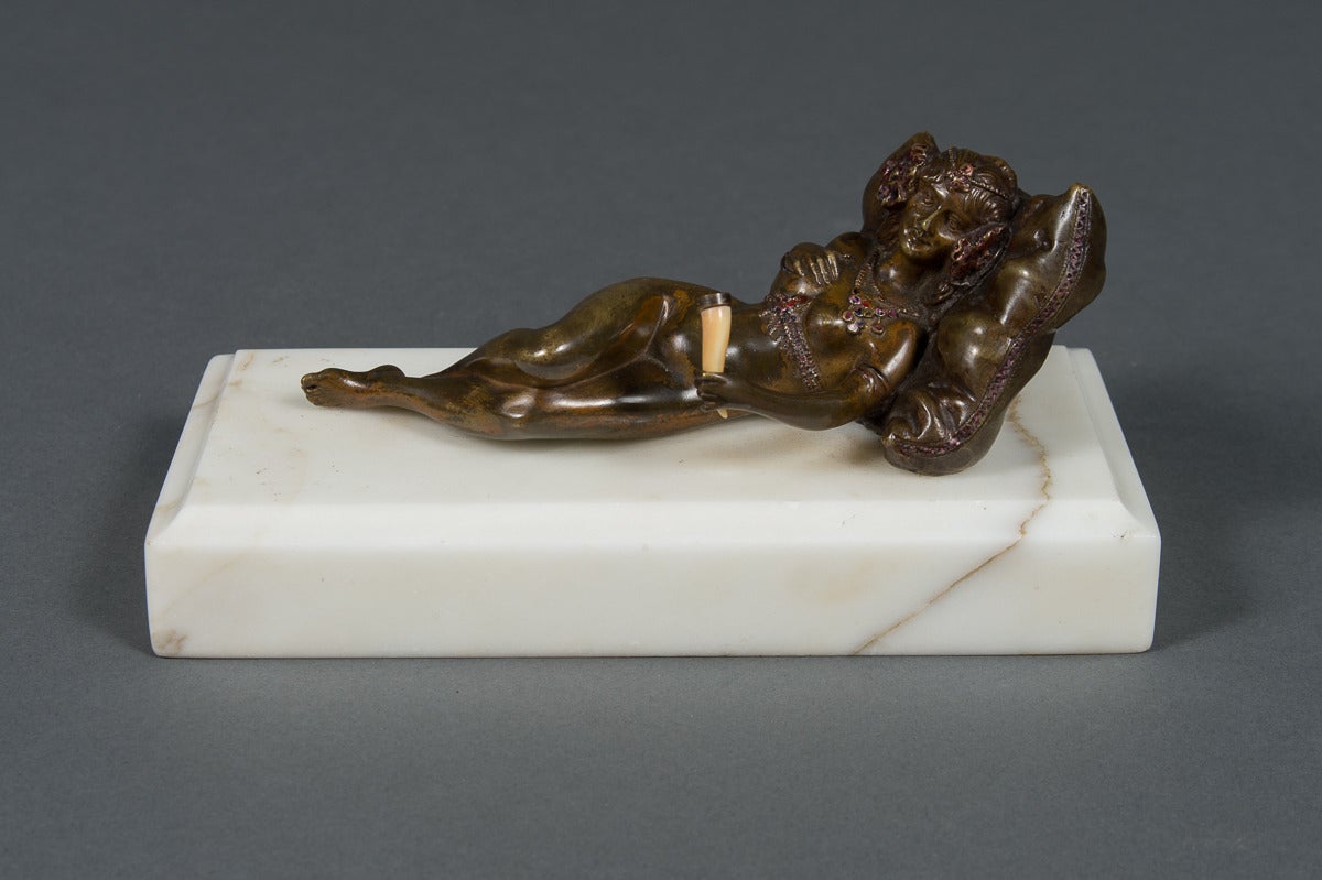 20th Century Austrian Bronze Cold Painted Figure of a Nude on a White Marble For Sale