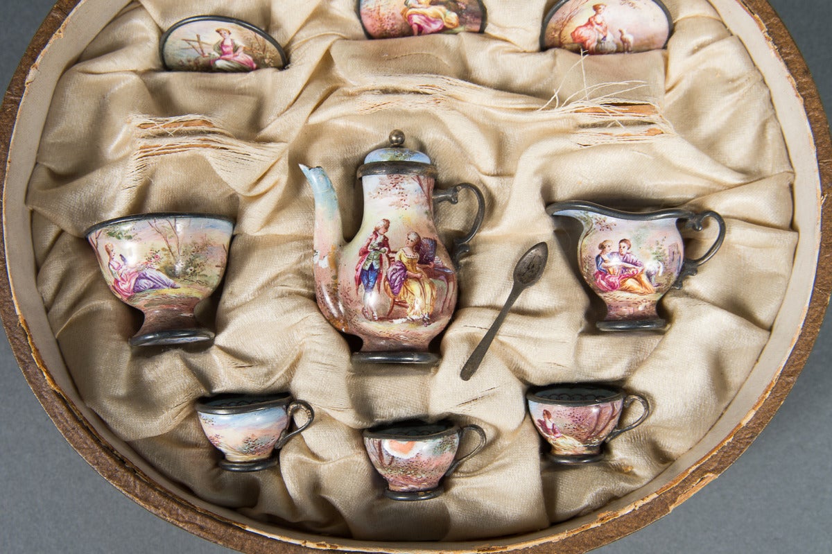 Rare Antique Austrian Viennese Enamel, Miniature Tea Service in Original Box 1