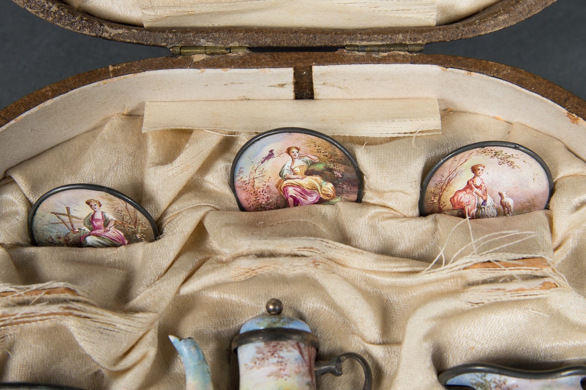 Rare Antique Austrian Viennese Enamel, Miniature Tea Service in Original Box In Good Condition In Los Angeles, CA