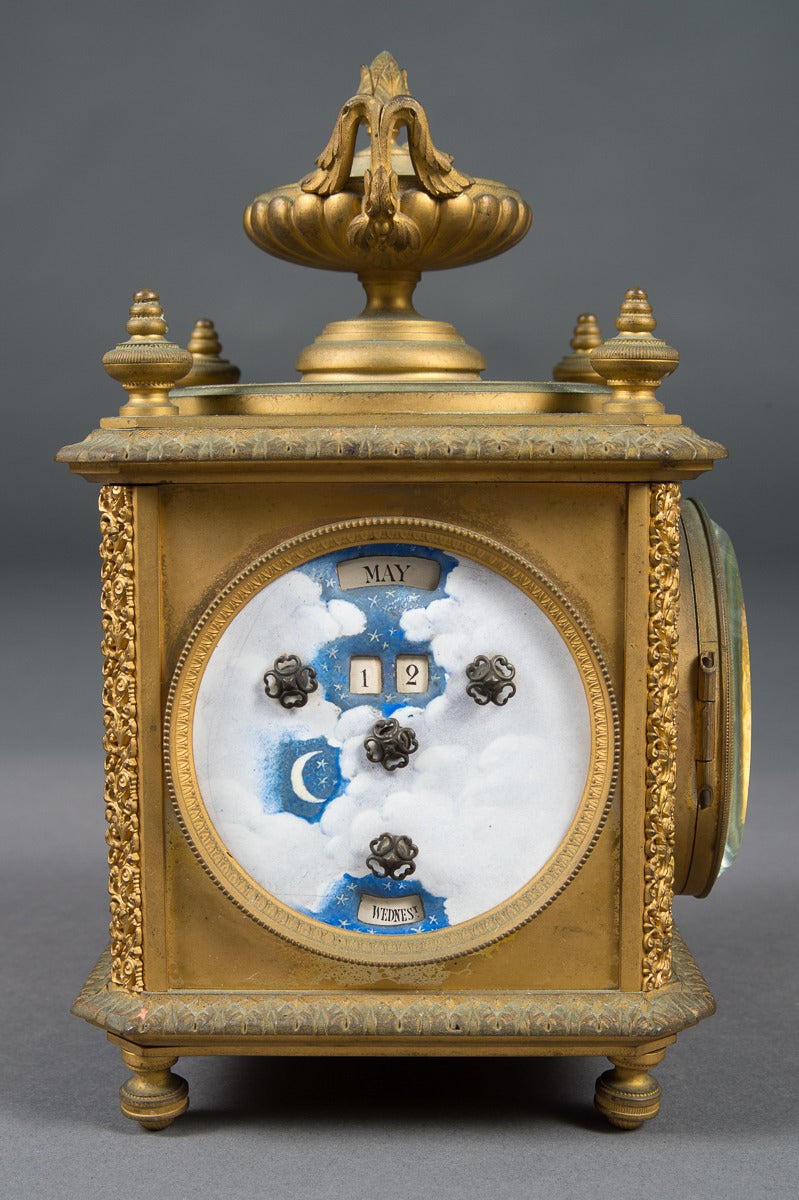 Gilt Bronze Eight-Day, Four-Face Clock with Date, Temperature and Barometer In Excellent Condition For Sale In Los Angeles, CA