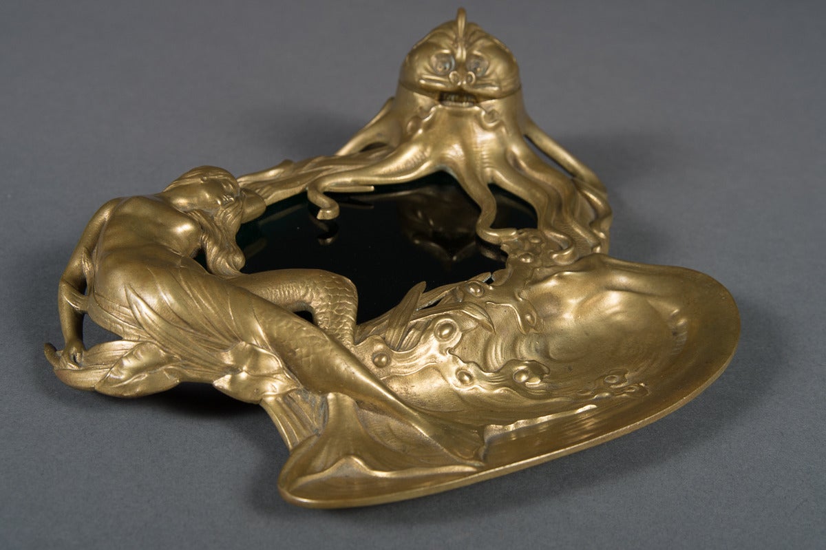 20th Century Viennese Bronze Inkwell with Mermaid and Octopus Design Marked Geschutzt