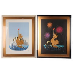 A Pair of Art Deco Framed Lithographs Depicting Day & Night by Erte Romain