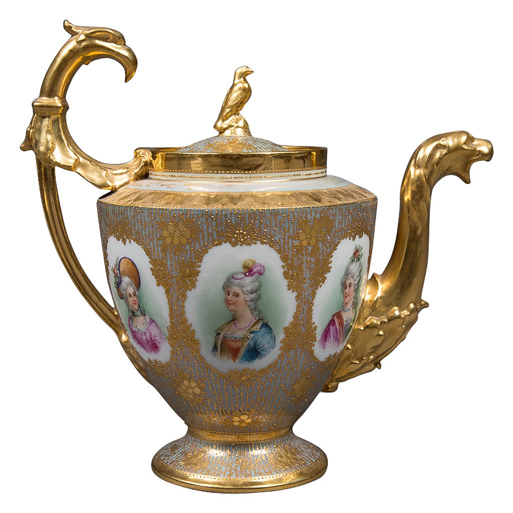 Fine Dresden Porcelain Iridescent and Heavily Gold Decorated Portrait Pitcher