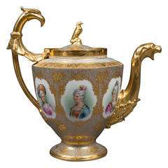 Fine Dresden Porcelain Iridescent and Heavily Gold Decorated Portrait Pitcher