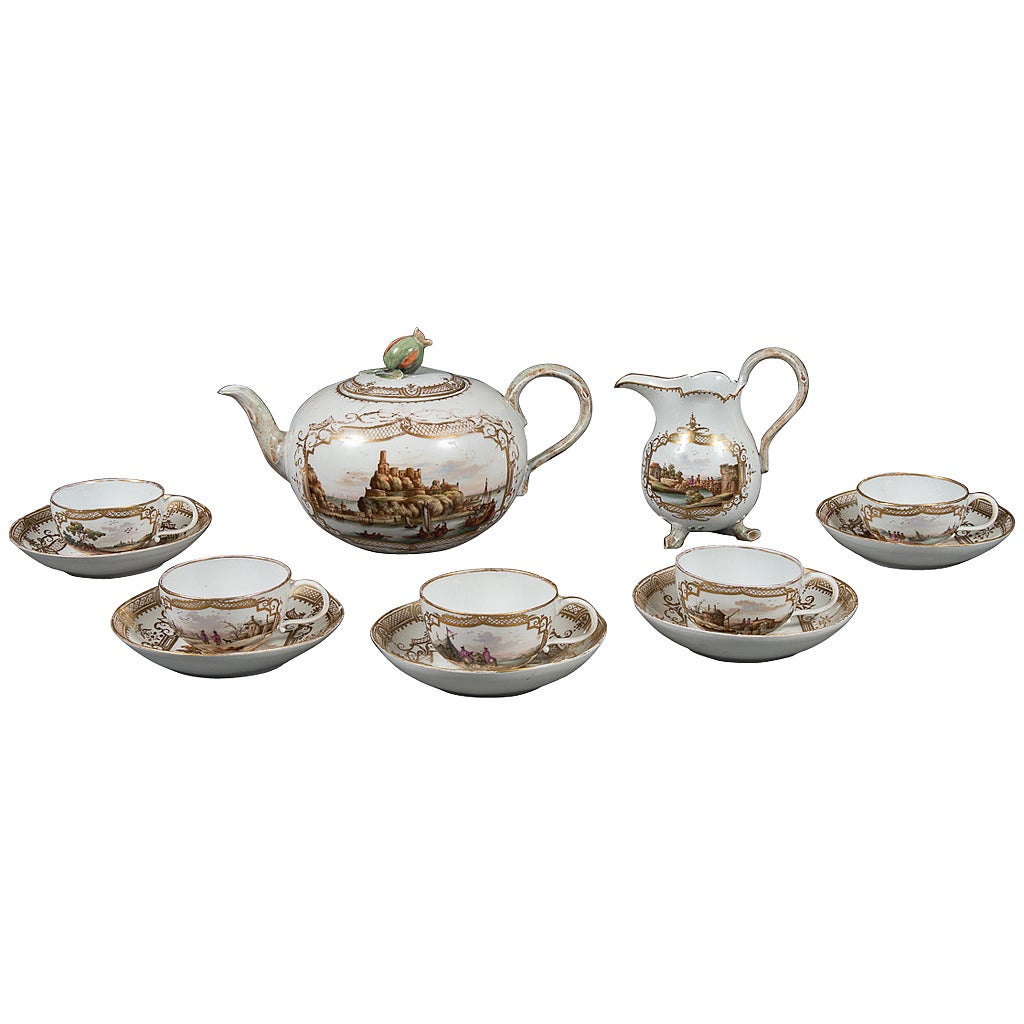 Fine Antique 19th Century Meissen Porcelain Topographical 12-Piece Tea Set