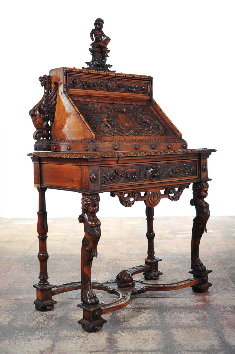 Highly Carved Continental Drop Front Secretary Desk with Side Griffins