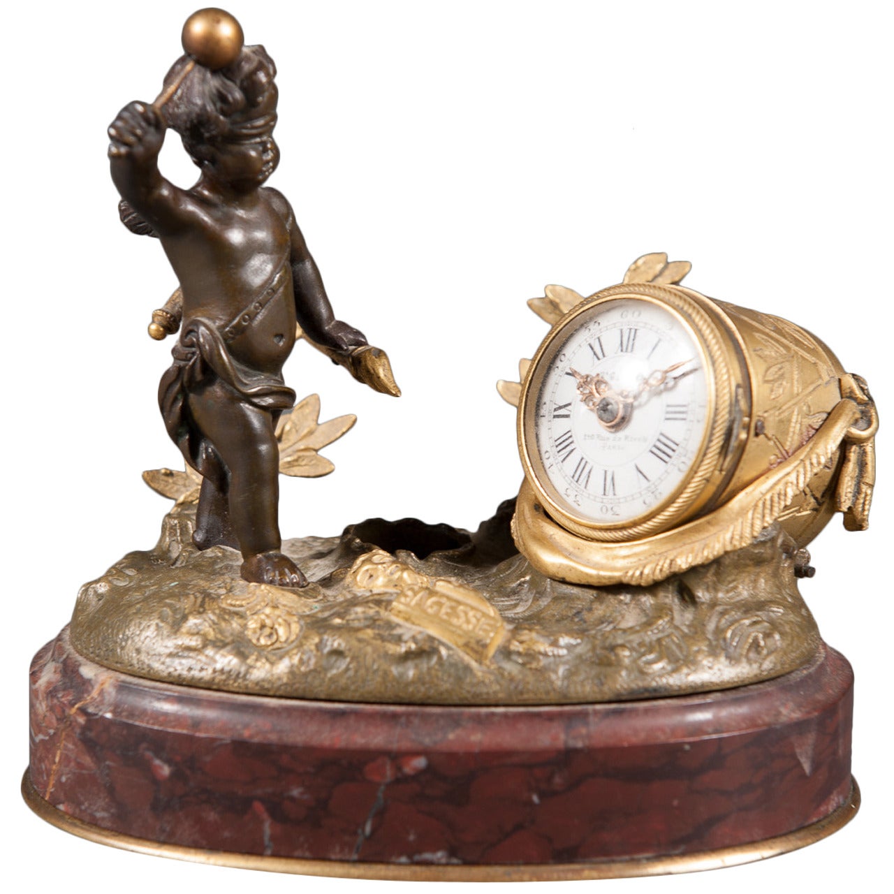 Miniature French gilt bronze desk clock with inkwell For Sale