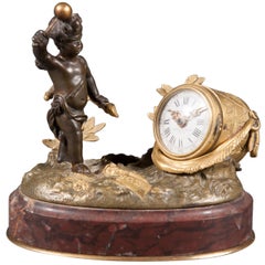 Miniature French gilt bronze desk clock with inkwell