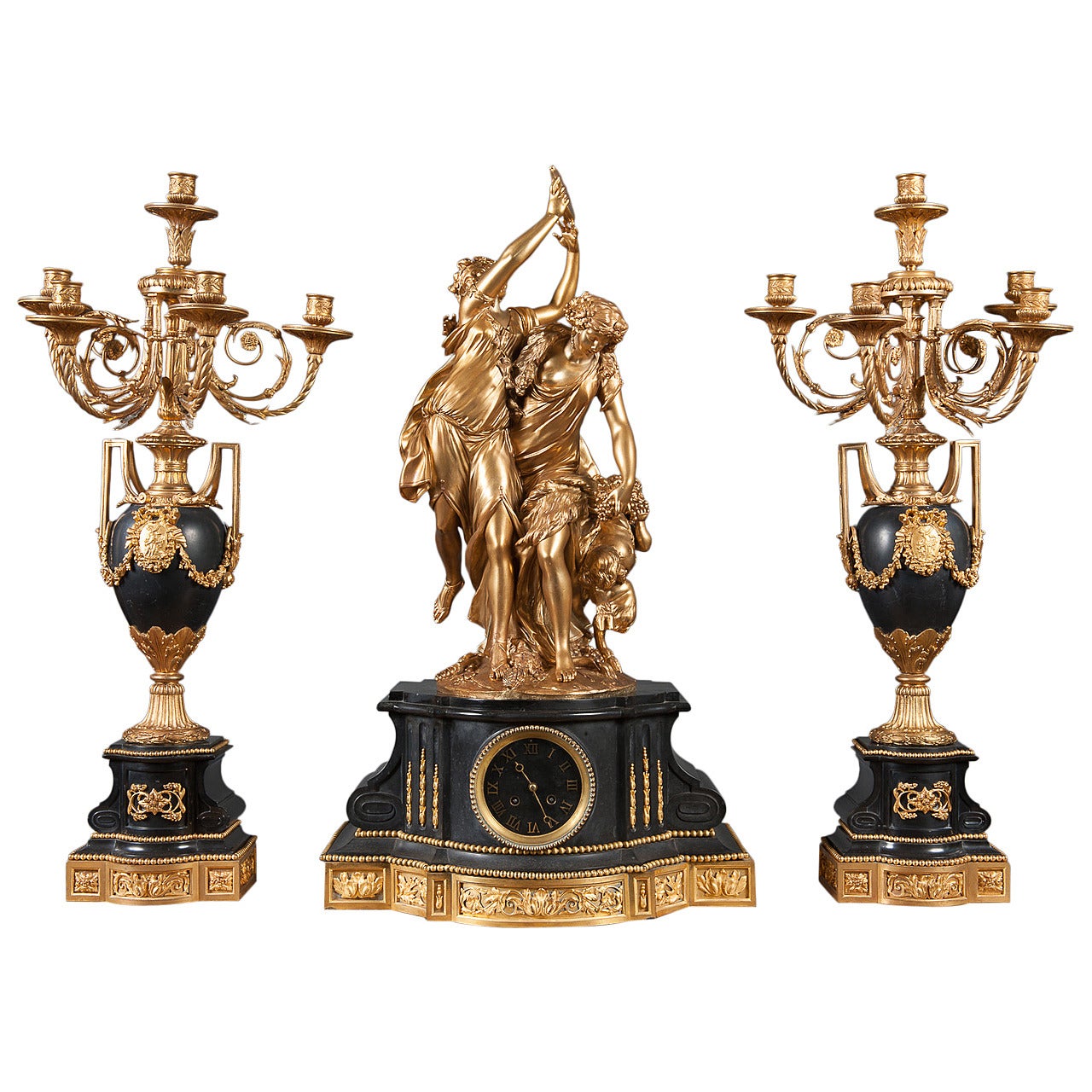 A French Napoleon III Ormolu & Marble Three Piece Garniture After Clodion C.1870