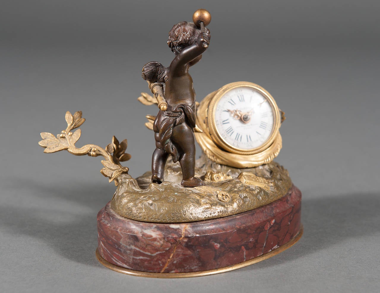 Bronze Miniature French gilt bronze desk clock with inkwell For Sale