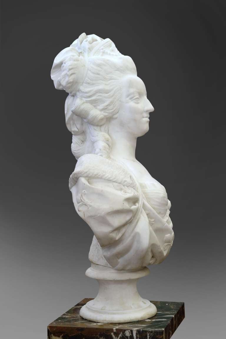 A Large French Antique White Carrera Marble Bust of Marie Antionette 4
