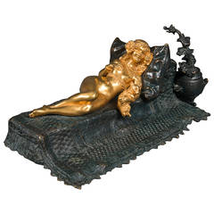 Antique Viennese Austrian Two-Toned Bronze Figure of a Harem Girl on a Bed with Her Cat