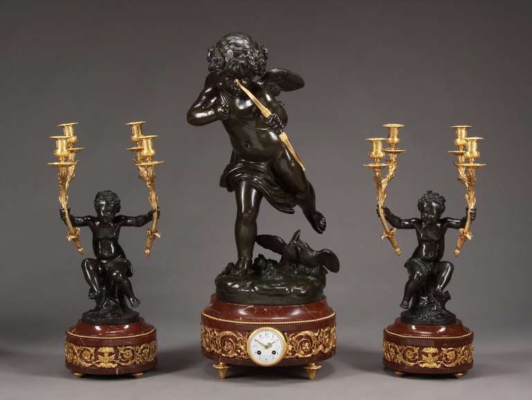 Monumental French Three Piece Garniture Clock Set Signed Houdon