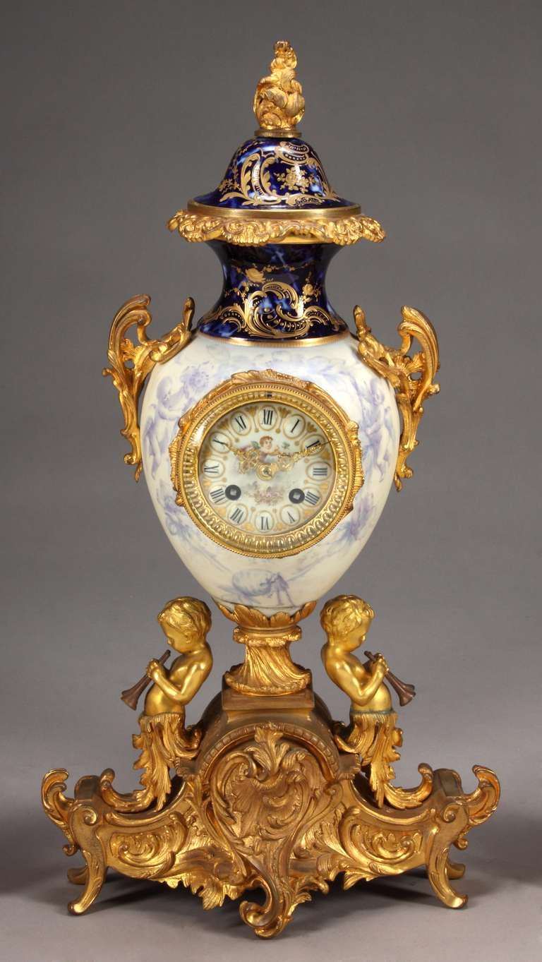 19th Century French Sevres Style Figural Garniture Clock Set In Excellent Condition For Sale In Los Angeles, CA
