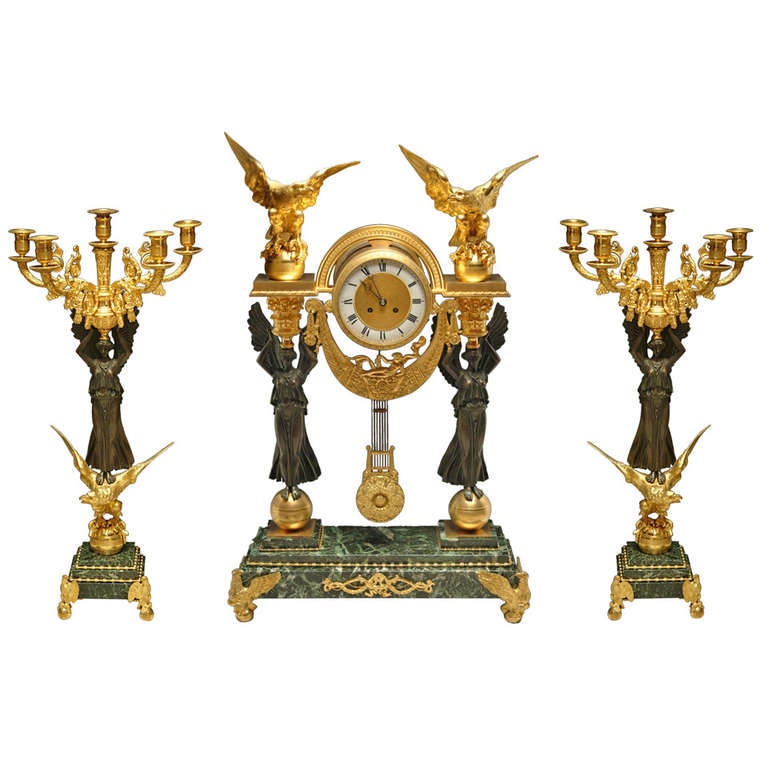 French Empire Ormolu Bronze & Green Marble Three-Piece Clock Garniture Clock Set