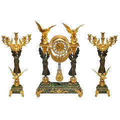 Antique French Empire Ormolu Bronze & Green Marble Three-Piece Clock Garniture Clock Set
