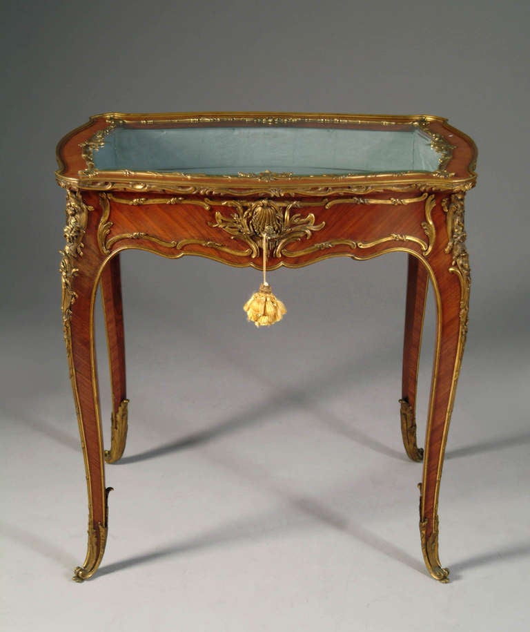 A Spectacular and  rare French Louis XV Style ormolu mounted King-Wood vitrine table by: Francois Linke, Paris.

Of Serpentine form, the front and sides mounted with scallop shells and mythical mask, the lock place signed:F. Linke

François