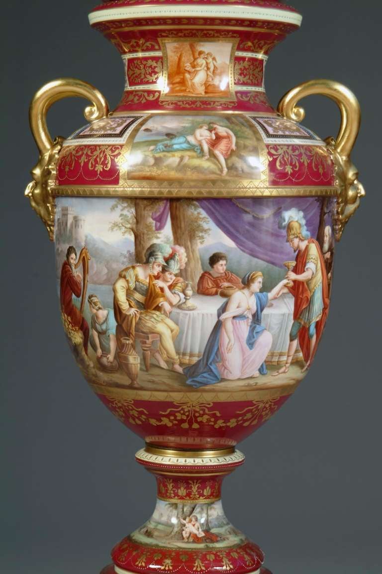 Large Austrian Royal Vienna  Porcelain Hand Painted Baluster Vase In Good Condition For Sale In Los Angeles, CA