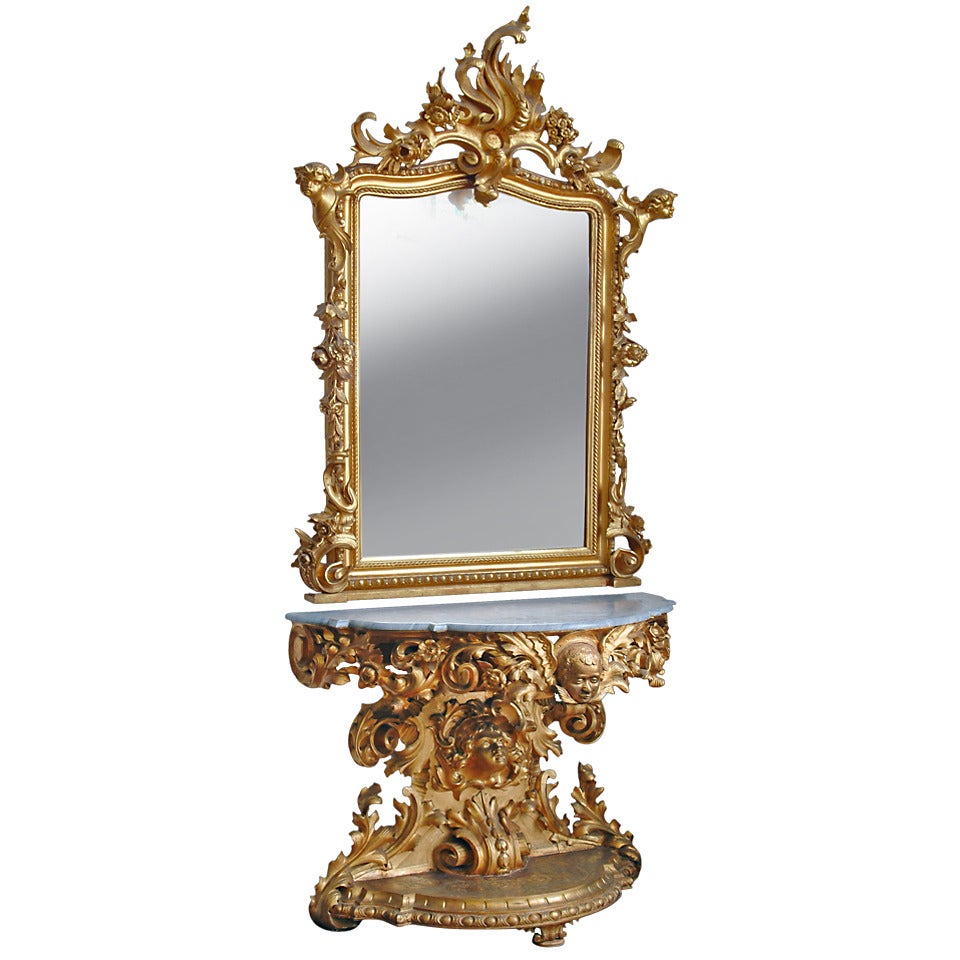 Monumental Italian Carved Giltwood Console and Mirror