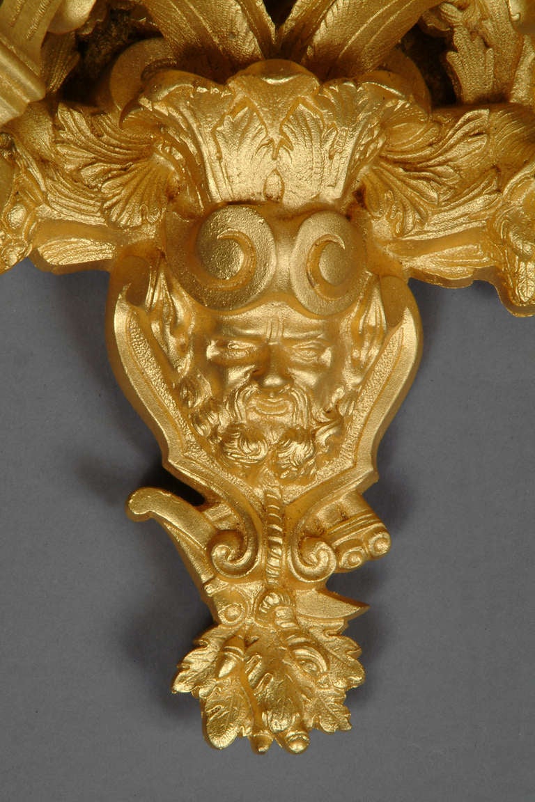 Mid-20th Century A Pair of French Antique Gilt Bronze Three-Light Wall Sconces With Figural Heads