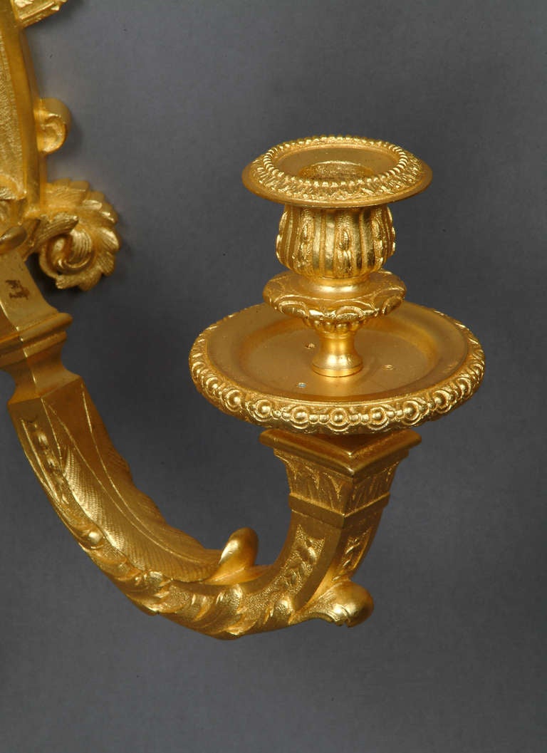 A Pair of French Antique Gilt Bronze Three-Light Wall Sconces With Figural Heads 1