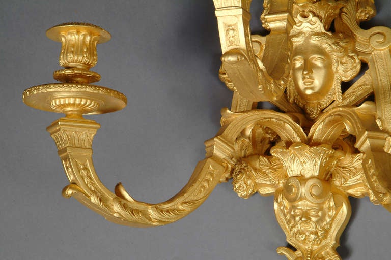A Pair of French Antique Gilt Bronze Three-Light Wall Sconces With Figural Heads 2